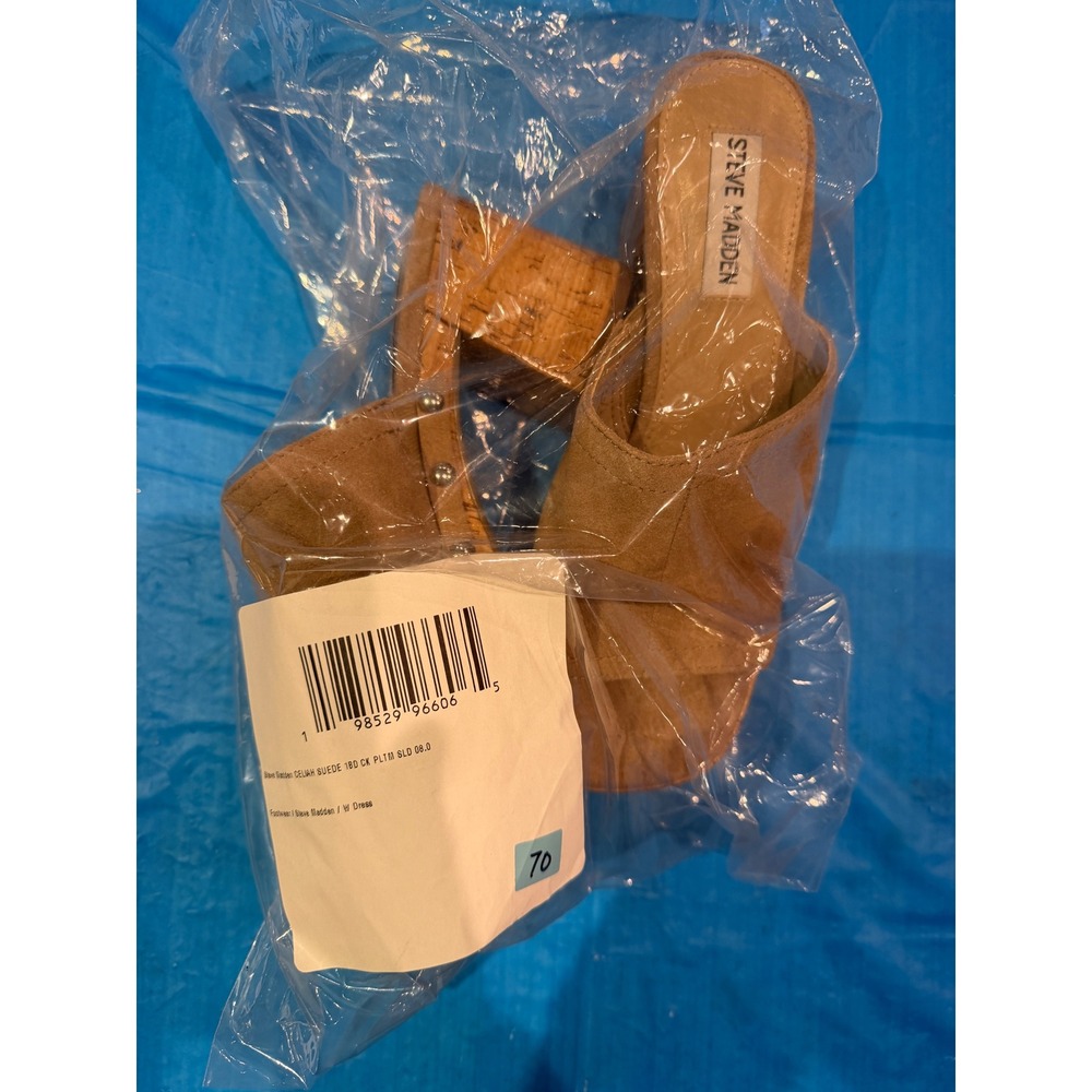 Steve Madden Delilah Suede Platform Cork Block Heel Studded Slide Sandals Tan 8